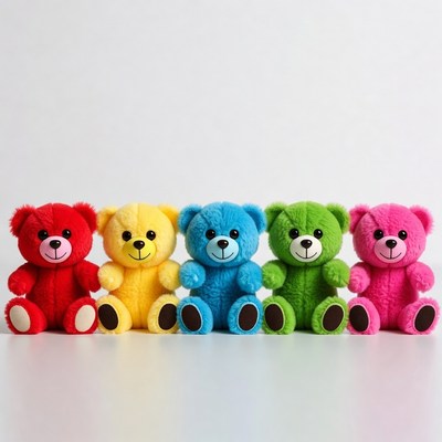 Five colorful teddy bears lined up