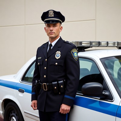 Policeman standing by patrol car