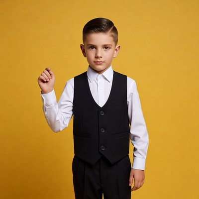 Boy raising hand in suit