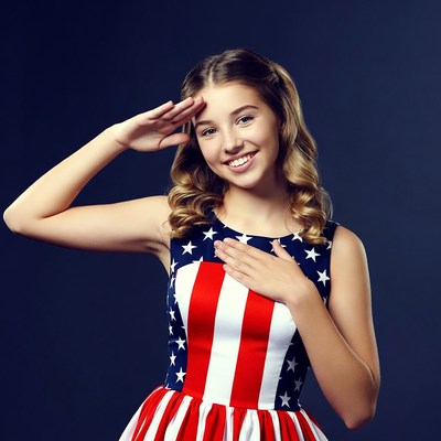 Girl saluting in American flag dress