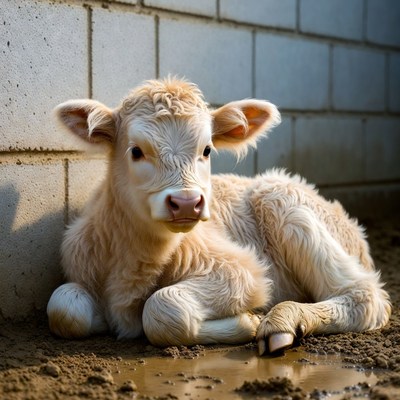 Cute blonde calf against brick wall