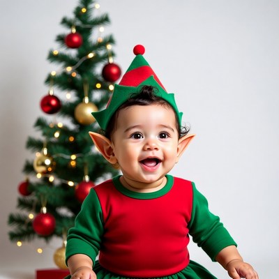 Baby Elf Smiling by Christmas Tree