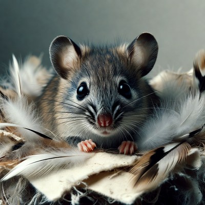 Cute mouse in feather nest