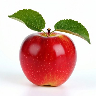 Red apple with green leaves