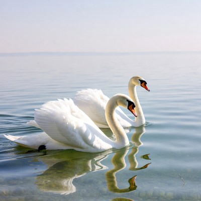 Two white swans swimming in lake
