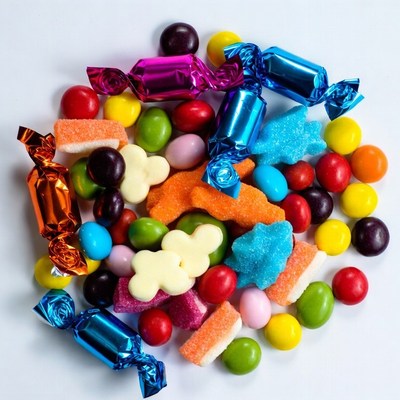 Colorful mixed candies on white background