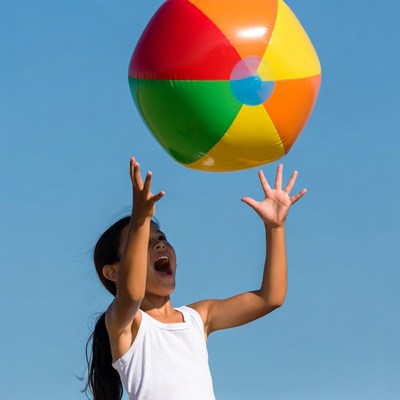 Girl jumping for colorful beach ball