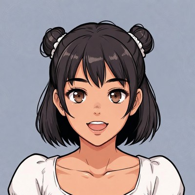 Anime girl with twin buns smiling