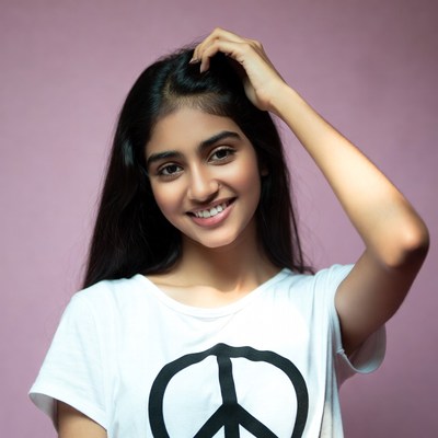 Smiling Indian woman hand on head