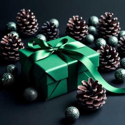 Green Gift Box with Pine Cones