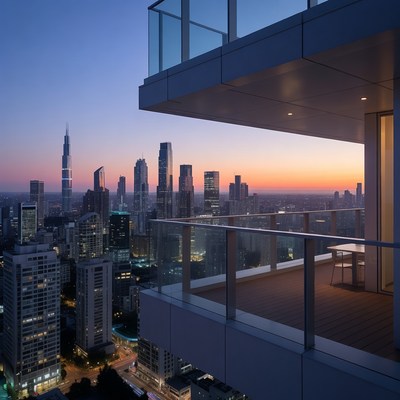 Modern Balcony Overlooking Shanghai Skyline Sunset