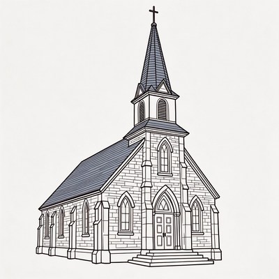Line drawing of church with steeple