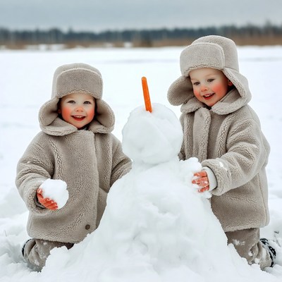 Twin toddlers building snowman