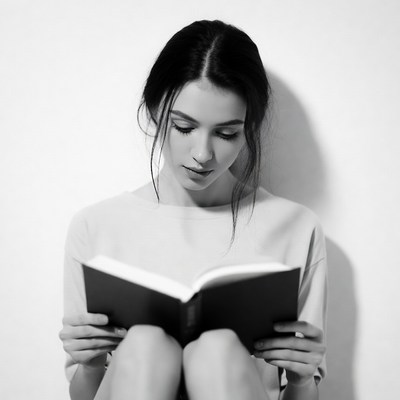 Woman reading book black and white