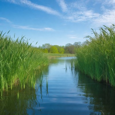 Reed-lined Path to Calm Lake