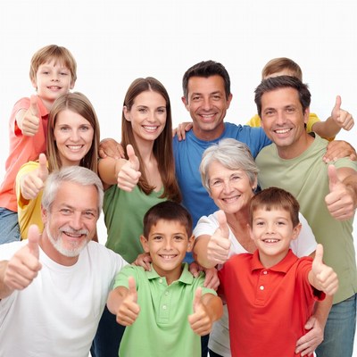 Multi-generational family giving thumbs up