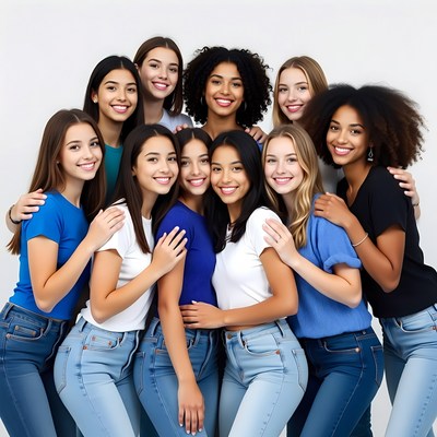 Diverse group of young women hugging