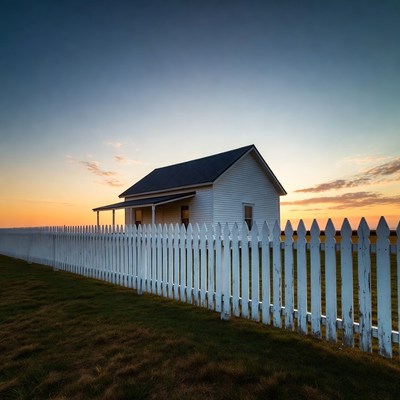 White Picket Fence House at Sunset
