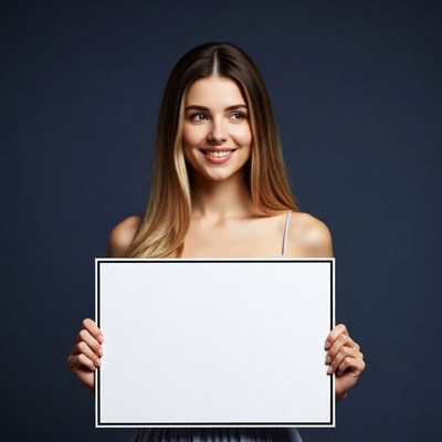 Smiling woman holding blank sign