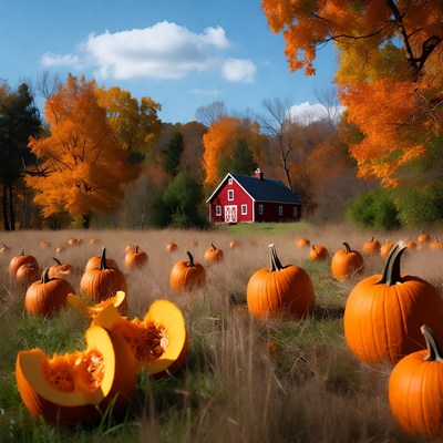 Red Barn in Pumpkin Patch Fall Landscape