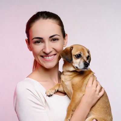 Woman holding small brown dog