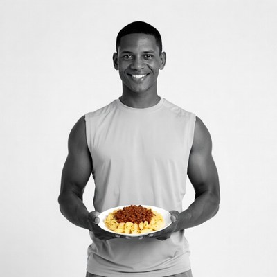 Black man holding spaghetti bolognese