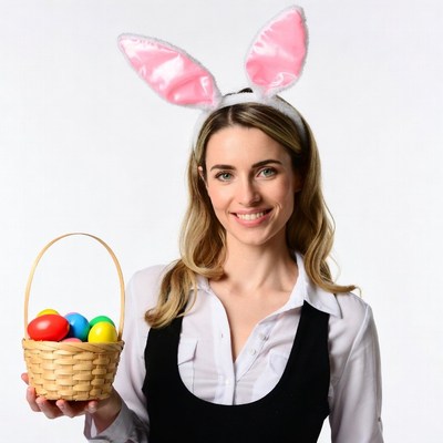 Woman with bunny ears holding Easter basket