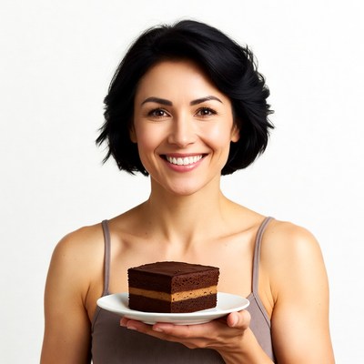 Woman holding chocolate cake