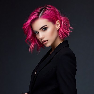 Woman with pink bob haircut