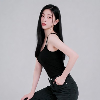 Asian woman in black tank top crouching