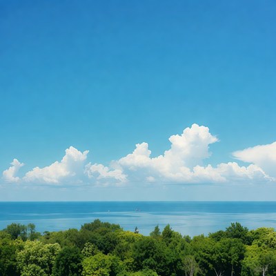 Blue sky over ocean and green trees
