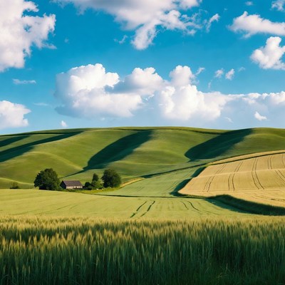 Rolling Green Hills with Wheat Fields