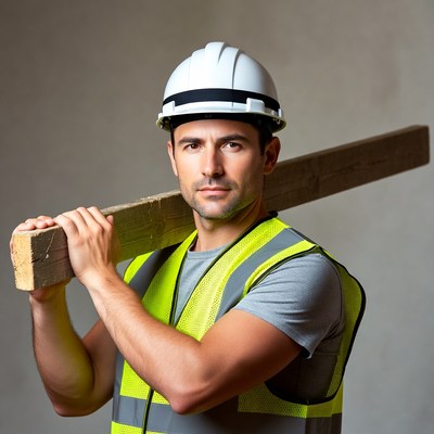 Construction worker carrying wooden beam
