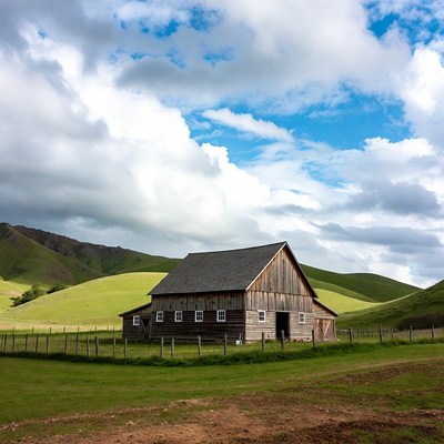 Wooden Barn in Green Rolling Hills