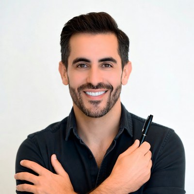 Smiling man holding pen