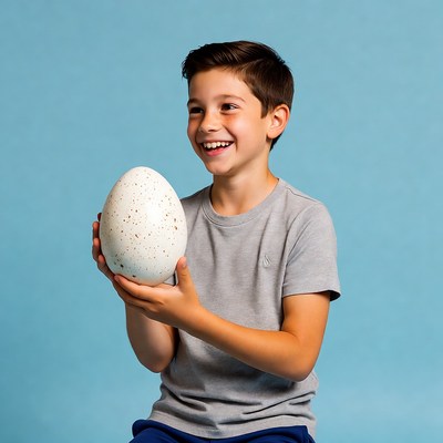 Boy holding large white egg