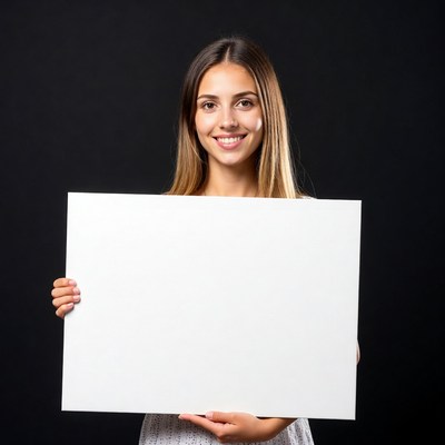 Smiling woman holding blank sign