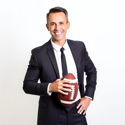 Man in suit holding football