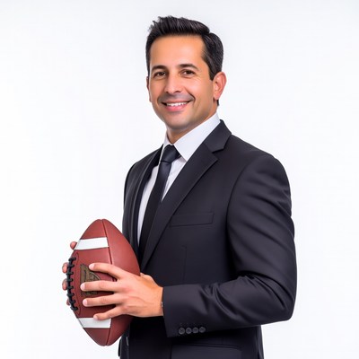 Man in suit holding football
