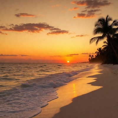 Sunset over tropical beach with palm trees