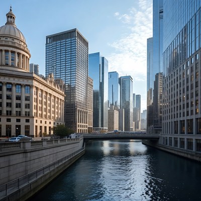 Chicago River with Skyscrapers and Bridge