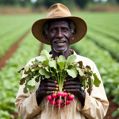 Elderly African farmer holding radishes