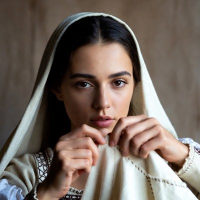 Woman in white headscarf holding fabric