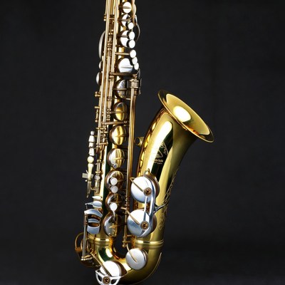 Shiny gold saxophone on black background