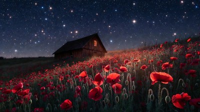 Barn in Poppy Field Under Starry Sky