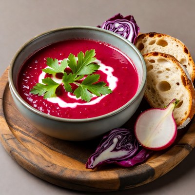 Beet Soup with Bread and Garnishes