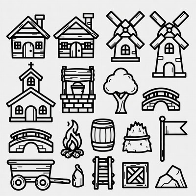 Farm Village Clipart Icons Set