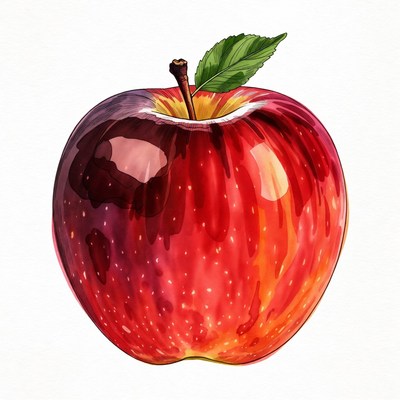 Shiny Red Apple with Leaf