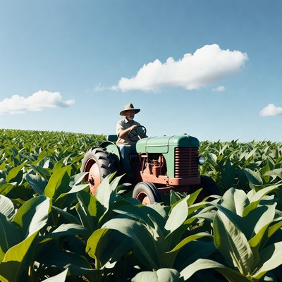 Farmer driving tractor in tobacco field