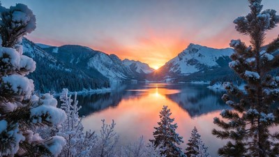 Snowy Mountains and Lake at Sunrise